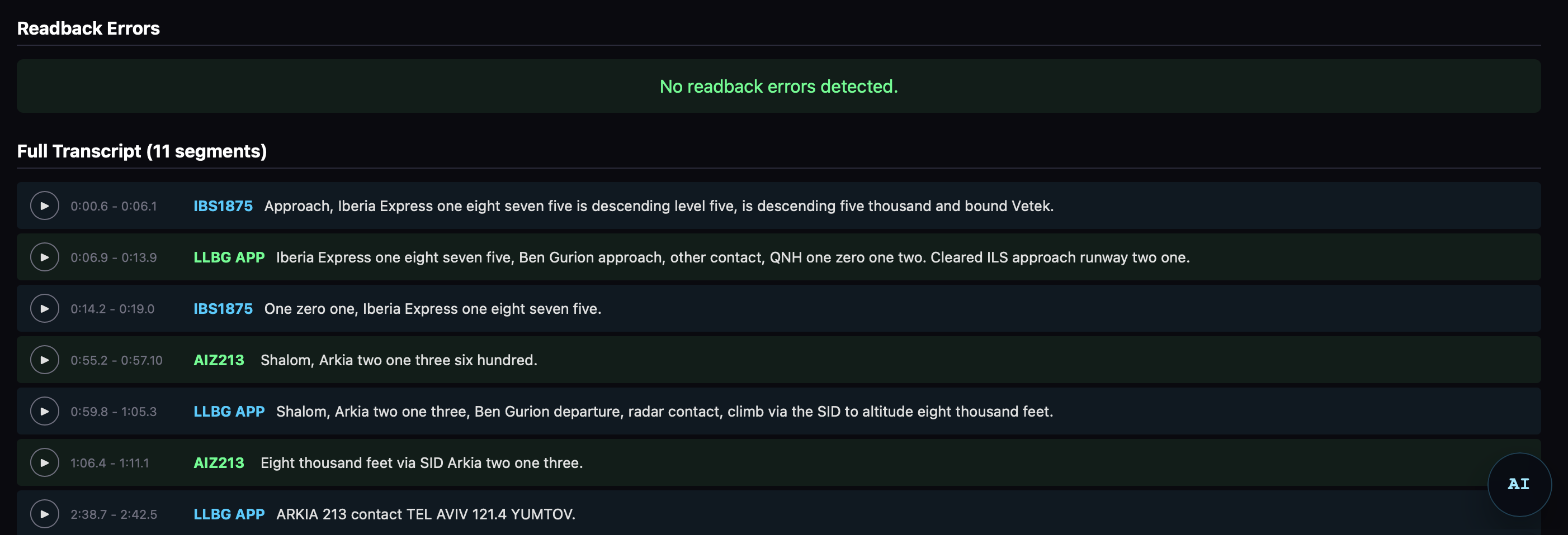 ATC transcript interface showing time-aligned radio exchanges between aircraft and controller.